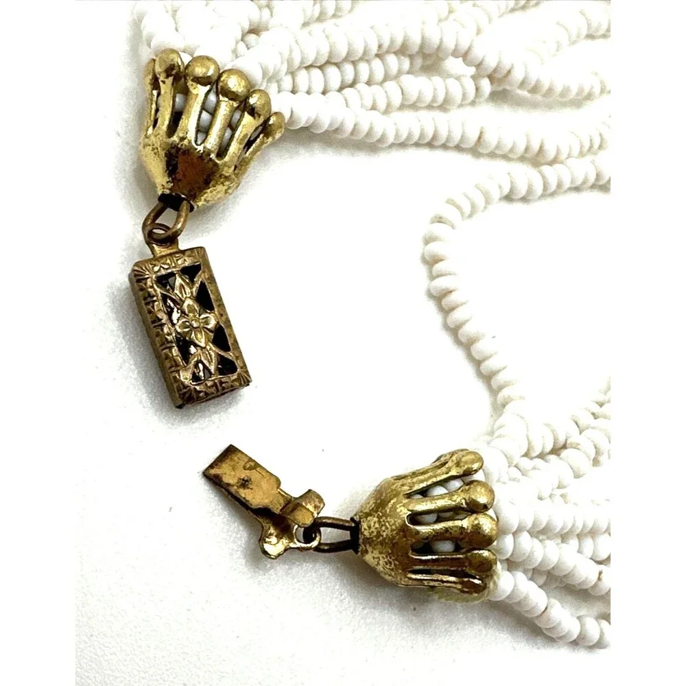 Vintage White Seed Bead Choker Necklace Multi Strand Statement Box Clasp 16